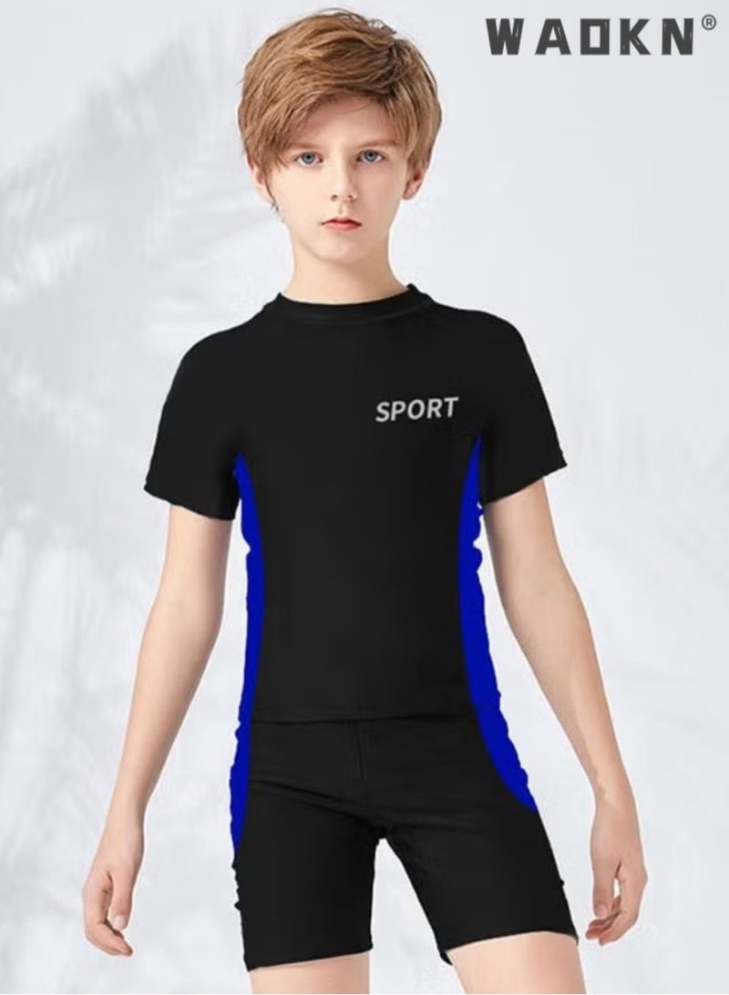 WAOKN 2 Piece Boys Swimsuit Swimming Trunks Set Kids Training Quick Dry Sun Protection Swimwear Children Short Sleeves Clothing Beachwear Split Bathing Suit for Summer Moisture-Wicking Breathable , unisex , Black . - Image 2
